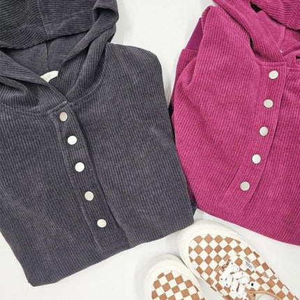 Ribbed Knit Hooded Sweatshirt with Button Detail