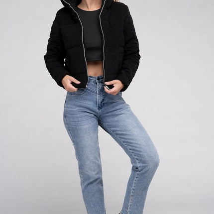 Soft Corduroy Zip-Up Jacket with High Collar and Pockets
