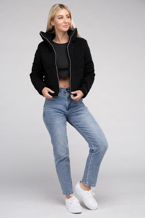 Soft Corduroy Zip-Up Jacket with High Collar and Pockets
