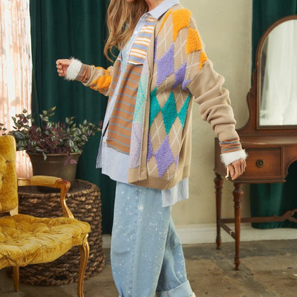 Cozy Argyle Pattern Design Button Front Loose Fit Knit Sweater Cardigan - Accessoriesforever