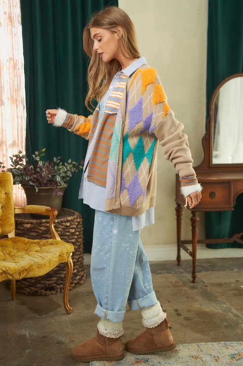 Cozy Argyle Pattern Design Button Front Loose Fit Knit Sweater Cardigan - Accessoriesforever