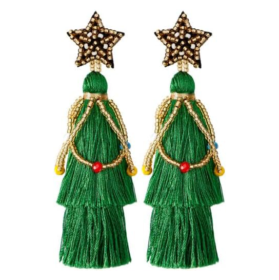 Green Tassel Beaded Star Christmas Tree Holiday Drop Earrings