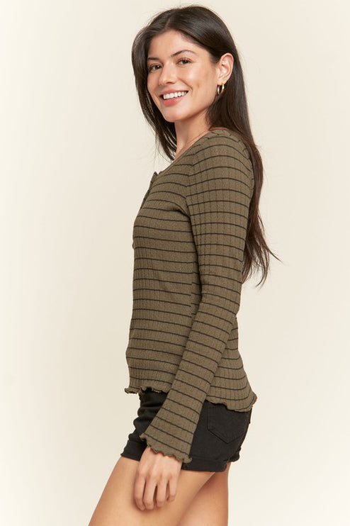 Casual Classic Button Detail Round Neck Striped Fashion Top - Accessoriesforever