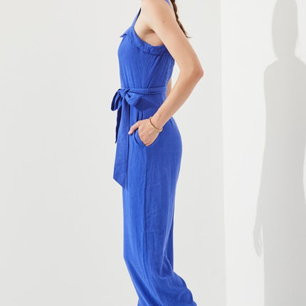 Linen Blend Belted Jumpsuit with Square Neck