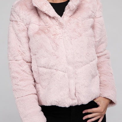 Fluffy Zip-Up Sweater Jacket with Collar and Pockets