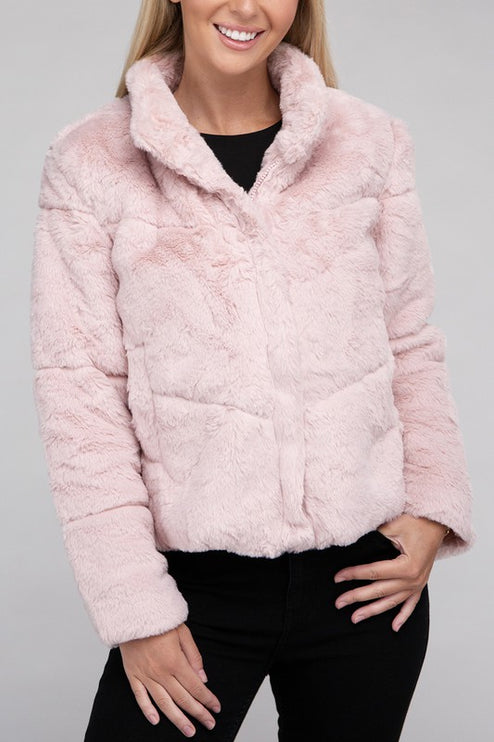Fluffy Zip-Up Sweater Jacket with Collar and Pockets