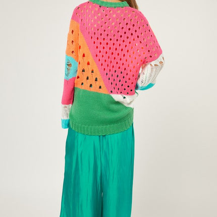 Colorful Open Knit Design Detailed Pullover Fashion Top Sweater