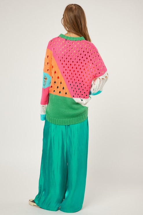 Colorful Open Knit Design Detailed Pullover Fashion Top Sweater - Accessoriesforever
