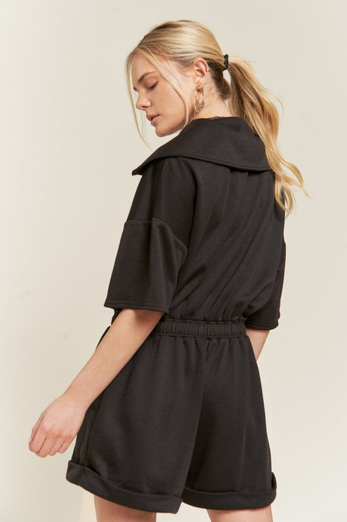 High Neck French Terry Zip Romper with Side Pockets
