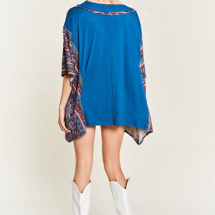 Boho Chic Blue V-Neck Tunic with Stitch Detail