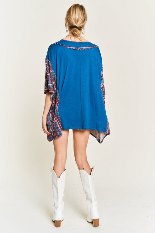 Boho Chic Blue V-Neck Tunic with Stitch Detail