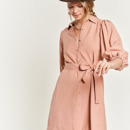 Chic Half Sleeve Balloon Sleeve Button-Down Belted Dress