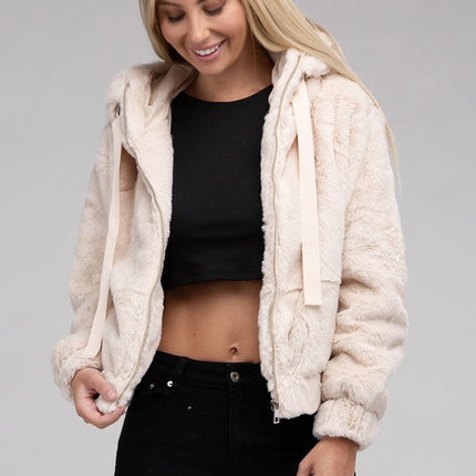 Plush Cropped Teddy Hoodie with Zip-Up Front and Drawstring Hood