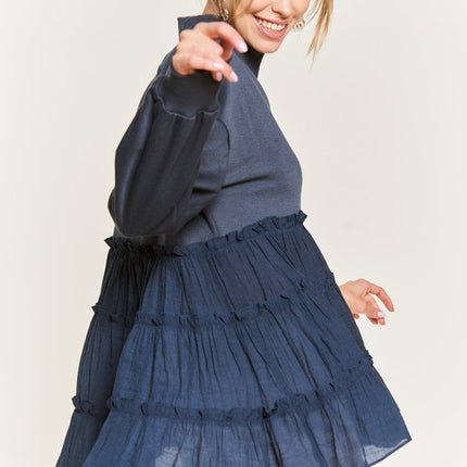Oversized Mock Neck Tunic with Shirred Woven Tier