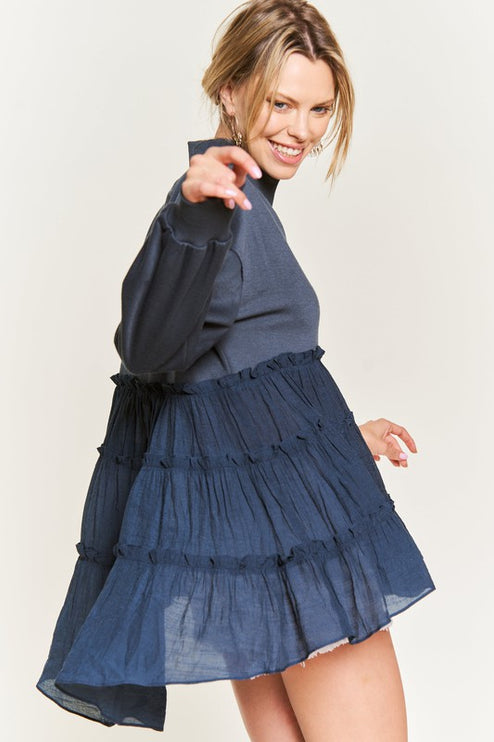 Oversized Mock Neck Tunic with Shirred Woven Tier - Accessoriesforever