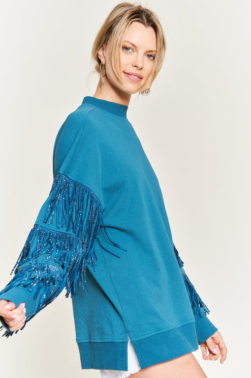 Western-Inspired Oversized Pullover with Suede Fringe and Stud Trim