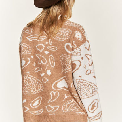 Oversized Heart Paisley Button-Down Sweater Cardigan with Color Block
