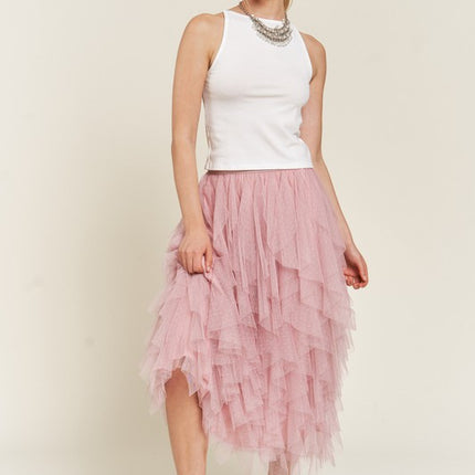Elegant Layered Polka Dot Mesh A-Line Elastic Waist Midi Skirt