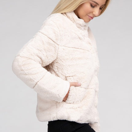 Fluffy Zip-Up Sweater Jacket with Collar and Pockets