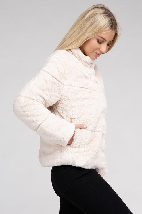 Fluffy Zip-Up Sweater Jacket with Collar and Pockets