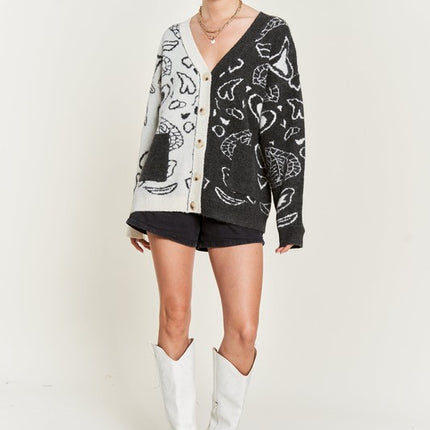 Oversized Heart Paisley Button-Down Sweater Cardigan with Color Block