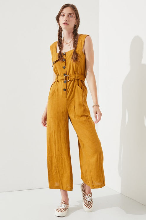 Linen Blend Jumpsuit with Belt and Multiple Pockets - Accessoriesforever