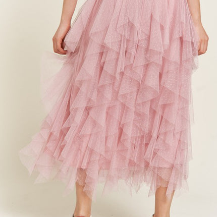 Elegant Layered Polka Dot Mesh A-Line Elastic Waist Midi Skirt