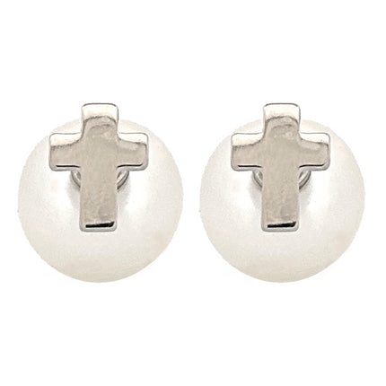 Classic Cross Charm Pearl Double-Sided Design Fashion Stud Earrings