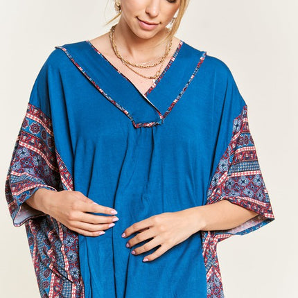 Boho Chic Blue V-Neck Tunic with Stitch Detail