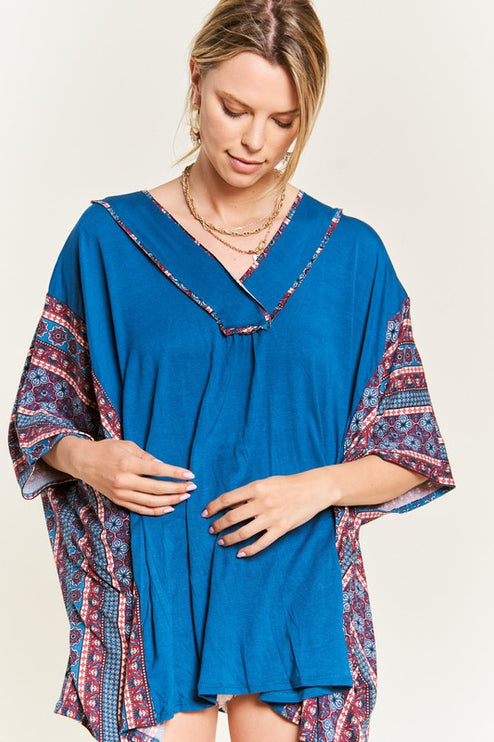 Boho Chic Blue V-Neck Tunic with Stitch Detail