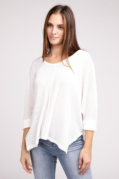 Chic Elegant Trendy 3/4 Sleeve V-Neck Hi-Low Hem Jacquard Sweater