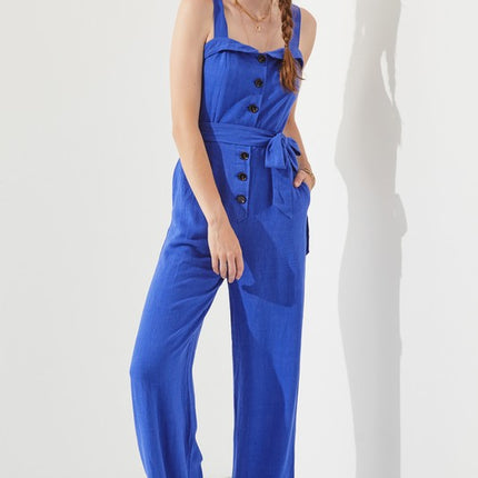 Linen Blend Belted Jumpsuit with Square Neck