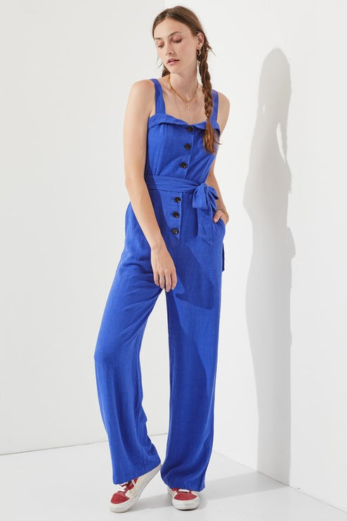 Linen Blend Belted Jumpsuit with Square Neck - Accessoriesforever