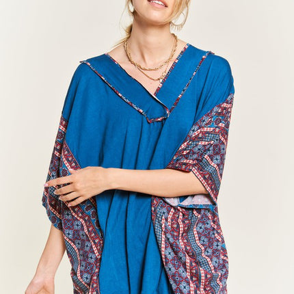 Boho Chic Blue V-Neck Tunic with Stitch Detail