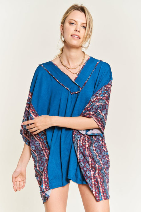 Boho Chic Blue V-Neck Tunic with Stitch Detail - Accessoriesforever