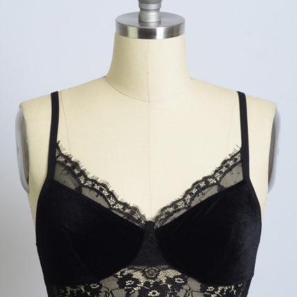 Velvet Lace Trim Half Cami with Scoop Neckline and Cropped Fit