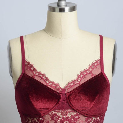 Velvet Lace Trim Half Cami with Scoop Neckline and Cropped Fit