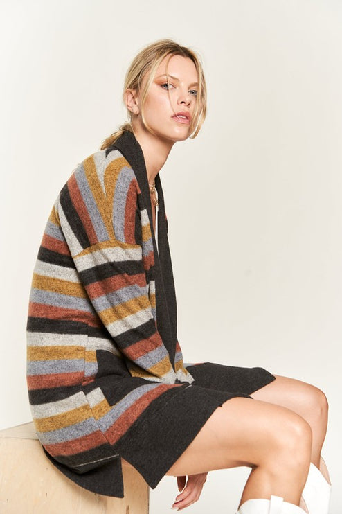 Cozy Striped Open Front Sweater Cardigan with Pockets