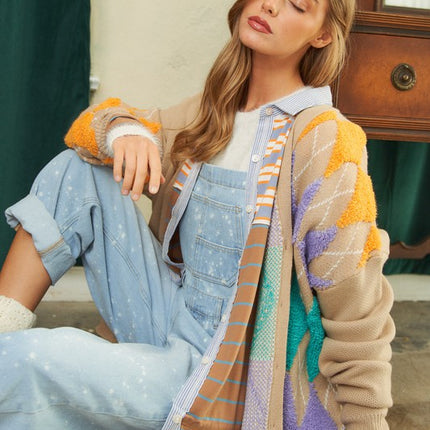Cozy Argyle Pattern Design Button Front Loose Fit Knit Sweater Cardigan - Accessoriesforever