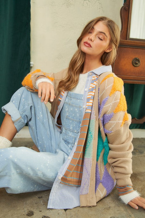 Cozy Argyle Pattern Design Button Front Loose Fit Knit Sweater Cardigan - Accessoriesforever
