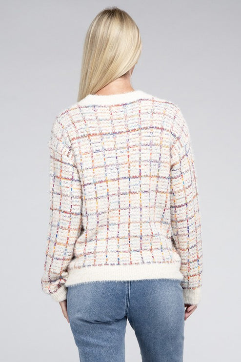 Cute Plaid Pattern Textured Fancy Fashion Knit Top Sweater - Accessoriesforever