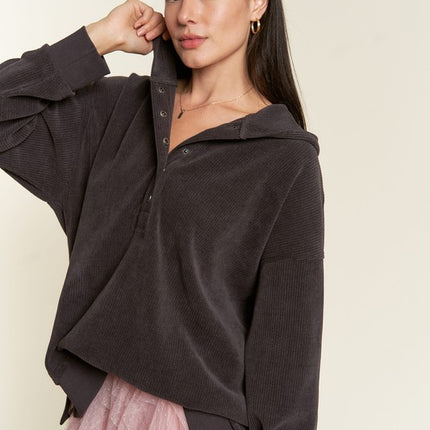 Ribbed Knit Hooded Sweatshirt with Button Detail