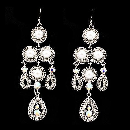 Bridal Wedding Jewelry Crystal Rhinestone Pearl Vintage Dangles Earrings Silver