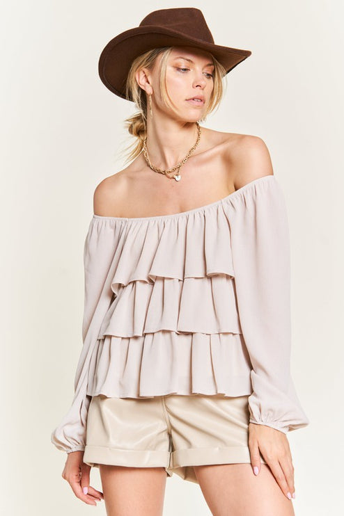 Romantic Off-Shoulder Tiered Flounce Blouse in Crinkled Chiffon