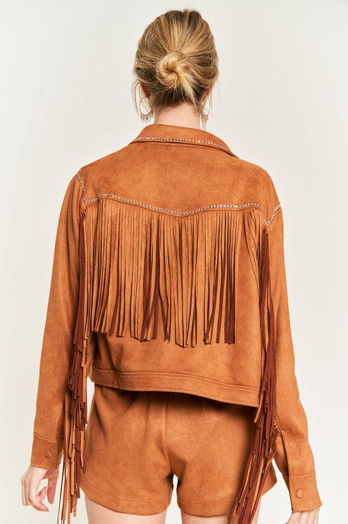 Boho Suede Fringe Jacket with Stud Details and Button Front