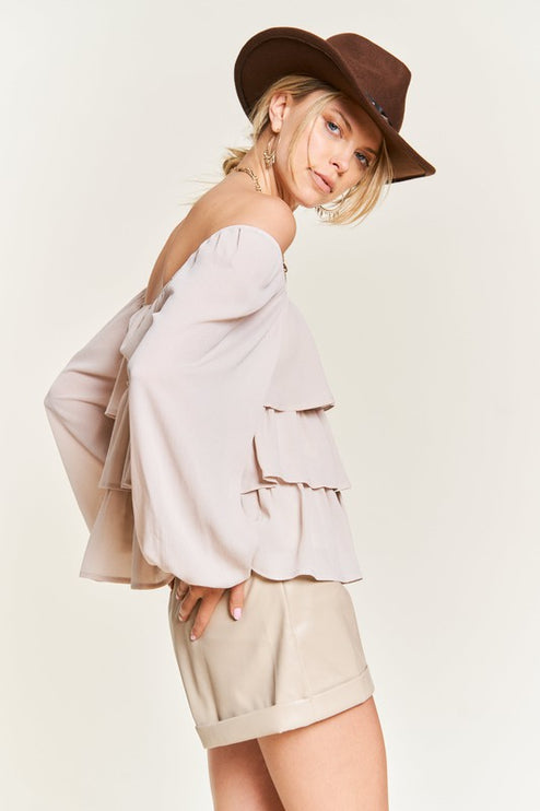 Romantic Off-Shoulder Tiered Flounce Blouse in Crinkled Chiffon