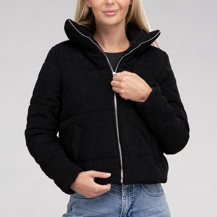 Soft Corduroy Zip-Up Jacket with High Collar and Pockets