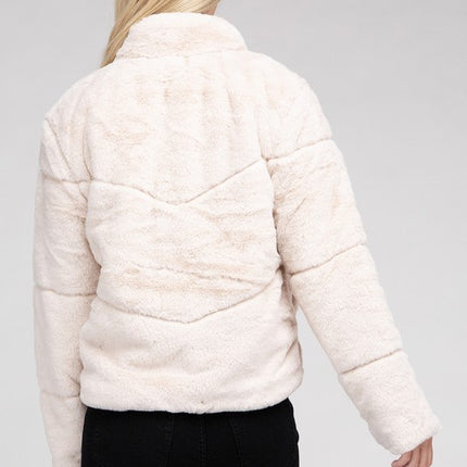 Fluffy Zip-Up Sweater Jacket with Collar and Pockets