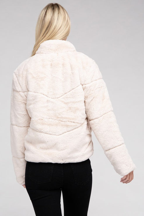 Fluffy Zip-Up Sweater Jacket with Collar and Pockets