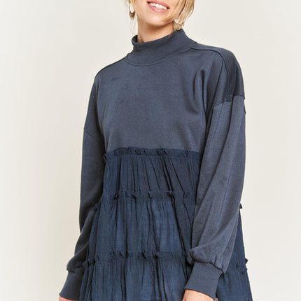 Oversized Mock Neck Tunic with Shirred Woven Tier